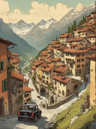 alpine village,mountain village,alpine drive,ticino,tuscan,zermatt,stelvio,lombardy,valle d'aosta,gondola lift,gondola,valais,piemonte,mountain settlement,italy,lavaux,foroglio,alpine style,südtirol,modena,Illustration,Children,Children 04