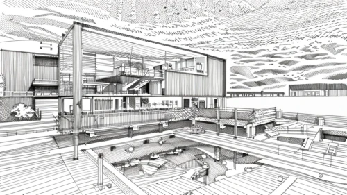 sky space concept,ski facility,sci fiction illustration,panoramical,floating huts,houseboat,aqua studio,school design,solar cell base,japanese architecture,archidaily,futuristic architecture,concept art,eco-construction,construction set,panopticon,factory ship,container terminal,ski station,cargo containers,Design Sketch,Design Sketch,Hand-drawn Line Art