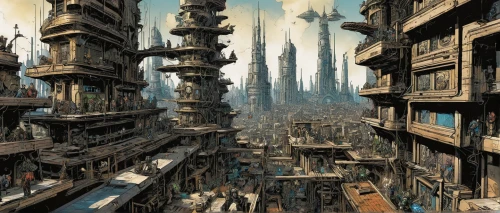 futuristic landscape,post-apocalyptic landscape,destroyed city,ancient city,dystopian,fantasy city,urbanization,metropolis,sci fiction illustration,scifi,human settlement,sci fi,sci - fi,sci-fi,dystopia,post apocalyptic,city cities,futuristic architecture,skyscraper town,cityscape,Illustration,American Style,American Style 02