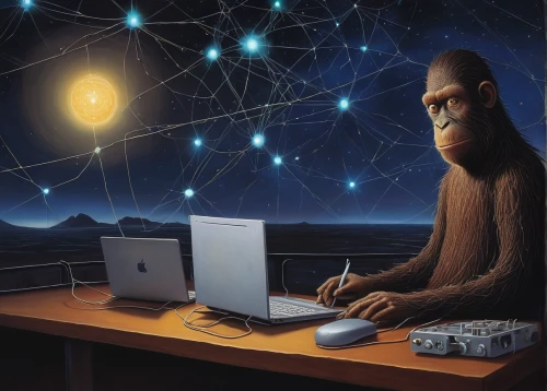 man with a computer,orangutan,ape,primate,chimp,computational thinking,chimpanzee,great apes,orang utan,monkey island,the monkey,the thinker,primates,pear cognition,night administrator,thinking man,thinker,kontroller,the ethereum,gorilla,Illustration,Realistic Fantasy,Realistic Fantasy 18