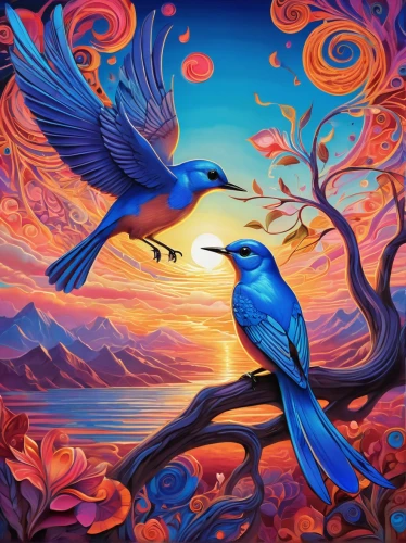 blue birds and blossom,bird painting,colorful birds,songbirds,birds on a branch,blue bird,birds on branch,flower and bird illustration,flying birds,bird couple,birds in flight,birds with heart,birds flying,bluejay,the birds,birds,bird kingdom,birds love,blue jay,doves of peace,Illustration,Realistic Fantasy,Realistic Fantasy 39