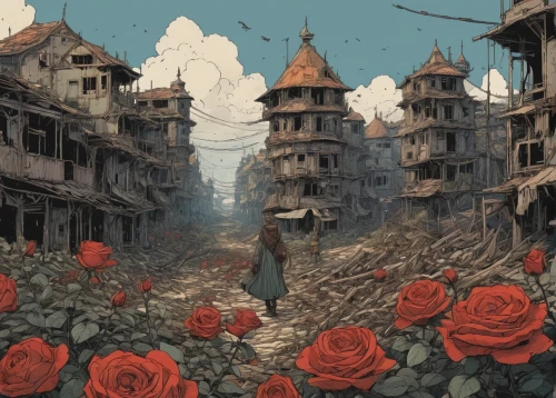 post-apocalyptic landscape,destroyed city,way of the roses,free land-rose,landscape rose,post apocalyptic,lostplace,rosa ' amber cover,opium poppies,noble roses,scattered flowers,lost place,dry bloom,lost in war,falling flowers,post-apocalypse,ancient city,trash land,old earth,wasteland,Illustration,Realistic Fantasy,Realistic Fantasy 12