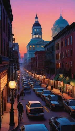 french quarters,new orleans,city scape,evening city,baltimore,petersburg,parkersburg,ohio paint street chillicothe,china town,night scene,pink city,eastern market,street lamps,capital city,richmond,townscape,evening atmosphere,savannah,district of columbia,dusk background,Illustration,Realistic Fantasy,Realistic Fantasy 07