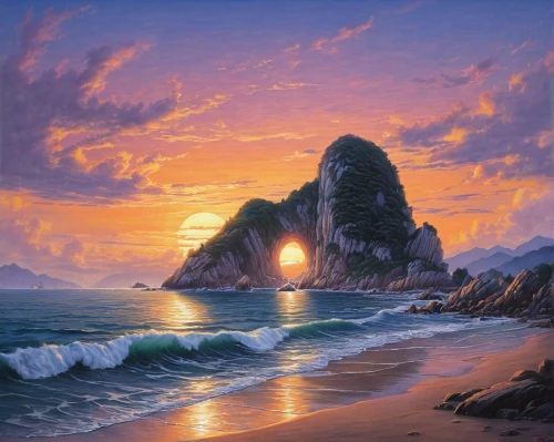 coastal landscape,beach landscape,sea landscape,seascape,coast sunset,sunrise beach,mountain beach,landscape background,landscape with sea,an island far away landscape,sunset beach,beach scenery,fantasy landscape,oil painting on canvas,oil painting,dream beach,cliffs ocean,art painting,rocky coast,volcanic landscape,Conceptual Art,Fantasy,Fantasy 28