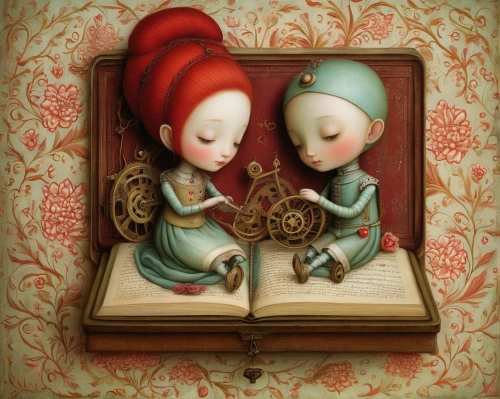music box,love letter,love letters,child with a book,fairytale characters,fairy tale,children's fairy tale,little boy and girl,fairytales,two hearts,porcelain dolls,bookworm,little girl reading,readers,young couple,magic book,hymn book,book illustration,guestbook,spiral book,Illustration,Abstract Fantasy,Abstract Fantasy 06