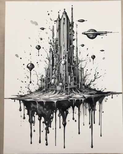 metropolis,destroyed city,ink painting,skyscraper,space ships,spaceships,space art,cityscape,sci fiction illustration,airships,city skyline,futuristic landscape,sci-fi,sci - fi,the skyscraper,sci fi,sky city,skyscrapers,thrust print,dystopian,Illustration,Black and White,Black and White 34