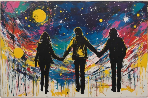 dance with canvases,oil painting on canvas,art painting,acrylic paint,two people,man and woman,hand in hand,chalk drawing,art paint,couple silhouette,silhouette art,constellations,travelers,artists of stars,young couple,paint splatter,hold hands,acrylic paints,as a couple,fireworks art,Conceptual Art,Graffiti Art,Graffiti Art 06