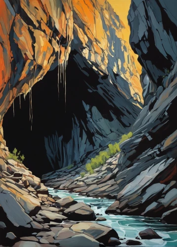 slot canyon,canyon,narrows,flowing creek,fairyland canyon,digital painting,ravine,ash falls,fallen giants valley,cave,world digital painting,lava cave,mountain spring,mountain river,glacier cave,oheo gulch,sea caves,mountain stream,fjord,cascades,Conceptual Art,Oil color,Oil Color 08