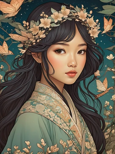 jasmine blossom,oriental princess,blue birds and blossom,junshan yinzhen,japanese art,almond blossoms,blossoms,geisha,oriental girl,fantasy portrait,japanese floral background,chinese art,plum blossoms,amano,mulan,jasmine blue,shirakami-sanchi,flower and bird illustration,falling flowers,mystical portrait of a girl,Illustration,Japanese style,Japanese Style 15