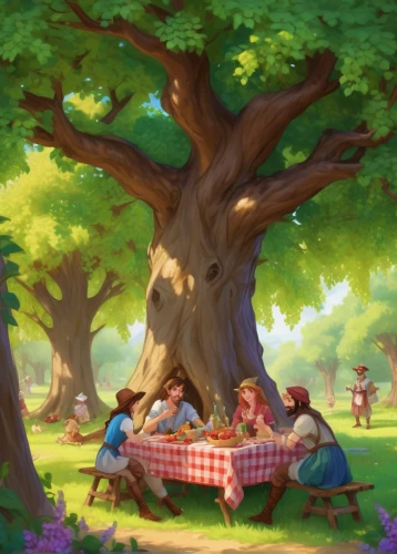 picnic,acerola family,family picnic,alice in wonderland,gnomes at table,picnic basket,idyll,treehouse,druid grove,tree house,idyllic,happy children playing in the forest,fairy forest,children's background,the girl next to the tree,wondertree,oak tree,scandia gnomes,cartoon forest,chestnut forest,Conceptual Art,Fantasy,Fantasy 31