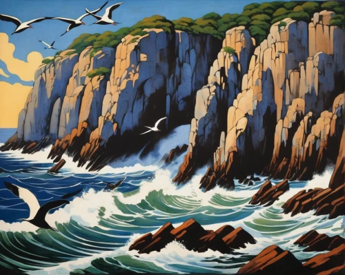 pancake rocks,rocky coast,cliffs ocean,seabirds,coastal landscape,puffins,flying sea gulls,cliff coast,sea birds,punakaiki pancake rocks,cape gannet,robert duncanson,seabird,seascape,nubble,cliff face,sea landscape,cliffs,cliff top,the cliffs,Illustration,Realistic Fantasy,Realistic Fantasy 21