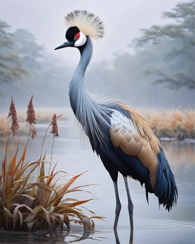 eastern crowned crane,grey crowned crane,gray crowned crane,grey neck king crane,red-crowned crane,white-naped crane,grey crowned cranes,crane-like bird,demoiselle crane,fujian white crane,botswana,platycercus,egretta novaehollandiae,crane,bird painting,australian bird,asian bird,cassowary,troodon,landfowl,Illustration,Abstract Fantasy,Abstract Fantasy 11