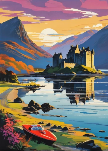 eilean donan,eilean donan castle,scotland,isle of skye,scottish highlands,highlands,isle of mull,scottish,scottish folly,mull,glencoe,stabyhoun,castle bran,north of scotland,loch,scot,rob roy,clàrsach,waverley,travel poster,Illustration,Retro,Retro 12