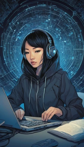 girl at the computer,women in technology,sci fiction illustration,computer addiction,girl studying,music background,cyberpunk,night administrator,computer freak,barebone computer,digital nomads,cyberspace,computer,computer program,internet addiction,game illustration,cyber,digital identity,computer science,computer art,Illustration,Japanese style,Japanese Style 15