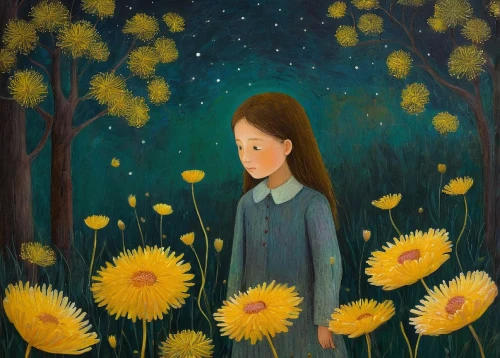 dandelion meadow,dandelions,dandelion field,girl in flowers,girl picking flowers,yellow daisies,fireflies,dandelion,flying dandelions,yellow petals,dandelion background,girl in the garden,girl with tree,dandelion flying,yellow garden,flower painting,meadow daisy,field of flowers,scattered flowers,sunflower field,Illustration,Abstract Fantasy,Abstract Fantasy 15