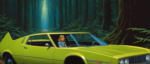 pontiac ventura,yellow car,pontiac tempest,witch driving a car,dodge monaco,porsche 914,redwoods,volvo 440,girl and car,volvo 140 series,chevrolet el camino,forest road,plymouth superbird,chrysler sunbeam,tenth generation ford thunderbird,yellow taxi,pontiac grand prix,mercury mariner,pontiac star chief,ford granada,Conceptual Art,Sci-Fi,Sci-Fi 16