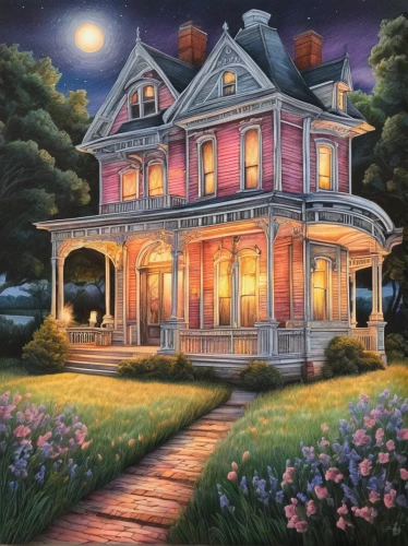 house painting,victorian house,home landscape,summer cottage,woman house,country cottage,country house,lonely house,witch's house,cottage,traditional house,little house,beautiful home,old house,private house,two story house,the haunted house,doll's house,night scene,doll house,Conceptual Art,Daily,Daily 17