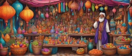 fruit market,morocco lanterns,persian norooz,grand bazaar,medieval market,vendors,colored pencil background,colourful pencils,iranian nowruz,shopkeeper,spice market,diwali festival,khokhloma painting,fantasy art,fairy village,hippy market,the market,marketplace,vendor,bazaar,Illustration,Abstract Fantasy,Abstract Fantasy 13