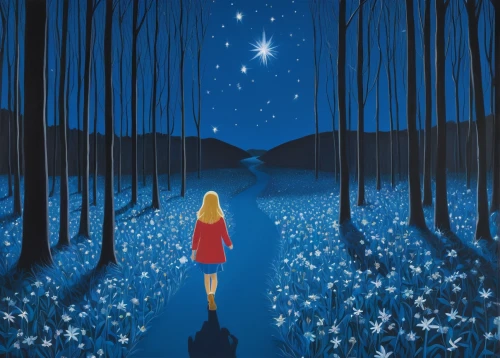 fireflies,falling star,night scene,girl with tree,forest of dreams,fantasia,starry sky,girl in a long,falling stars,the stars,fairy tale,cinderella,night stars,the snow queen,a fairy tale,fairy tales,the girl in nightie,star wood,enchanted,children's fairy tale,Conceptual Art,Oil color,Oil Color 13