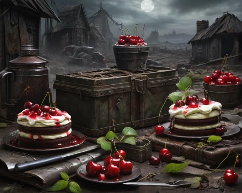 black forest cake,black forest,black forest cherry roll,thirteen desserts,dark mood food,cherrycake,candy cauldron,cake buffet,confectioner,cart of apples,red cake,strawberries cake,currant cake,cake shop,confectionery,apothecary,bakery,gnomes at table,whipped cream castle,basket of apples,Conceptual Art,Fantasy,Fantasy 30