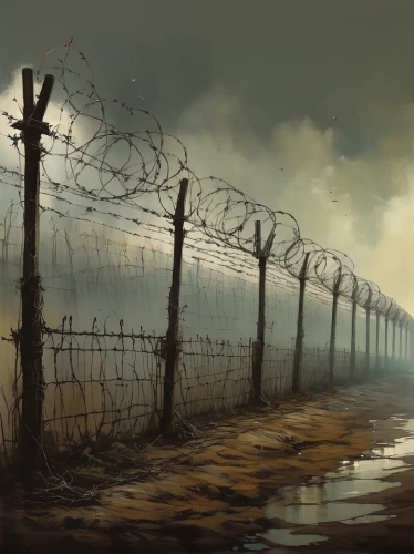 barbed wire,ribbon barbed wire,wire fence,prison fence,barb wire,barbwire,fence,fences,chain fence,auschwitz,post-apocalyptic landscape,unfenced,auschwitz i,concentration camp,auschwitz 1,fence posts,borders,holocaust,trellis,picket fence,Illustration,Realistic Fantasy,Realistic Fantasy 16