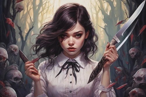 scythe,katana,mystery book cover,vampire woman,fantasy portrait,huntress,sci fiction illustration,zombie,vampire lady,killer,nurse,lori,knife head,sharp knife,game illustration,dead bride,macabre,gothic portrait,vampire,swordswoman,Illustration,Abstract Fantasy,Abstract Fantasy 11