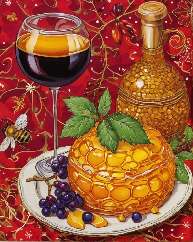 holiday wine and honey,fruit syrup,panettone,autumn still life,mulled wine,sangria,persian norooz,still-life,colada morada,summer still-life,dessert wine,fruit preserve,apfelwein,still life,sicilian cuisine,mulled wine christmas,pomegranate,snowy still-life,colomba di pasqua,zabaione,Illustration,Abstract Fantasy,Abstract Fantasy 04