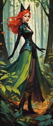 transistor,merida,fae,red riding hood,little red riding hood,poison ivy,the enchantress,druid,sorceress,dryad,in the forest,scarlet witch,forest walk,huntress,elven forest,faerie,forest clover,wood elf,game illustration,ballerina in the woods,Conceptual Art,Oil color,Oil Color 08