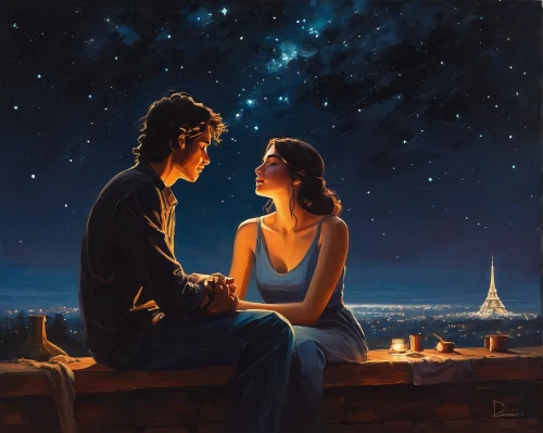 romantic scene,romantic portrait,astronomers,romantic night,the stars,oil painting on canvas,night scene,romantic,young couple,cg artwork,the moon and the stars,oil painting,artists of stars,aladdin,fantasy picture,stargazing,art painting,honeymoon,romance novel,starry sky,Conceptual Art,Fantasy,Fantasy 15