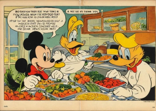 vintage mice,vintage advertisement,1952,cuisine classique,walt disney,gastronomy,mickey mause,mediterranean diet,advertisement,old ads,placemat,micky mouse,food spoilage,donald duck,mickey mouse,succotash,sylvester,antipasta,1940,foodies,Illustration,Retro,Retro 18