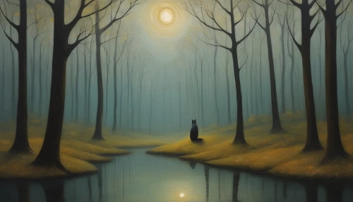 solitude,forest of dreams,solitary,forest landscape,world digital painting,fantasy picture,the mystical path,the wanderer,foggy forest,wanderer,mirror of souls,light bearer,hollow way,loneliness,the forest,isolated,forest background,hanging moon,howling wolf,black landscape,Illustration,Abstract Fantasy,Abstract Fantasy 15