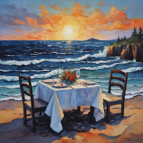 beach restaurant,romantic dinner,tablecloth,red tablecloth,fine dining restaurant,dinner for two,breakfast table,table artist,outdoor dining,oil painting,sea landscape,coastal landscape,art painting,dining,oil painting on canvas,table setting,seascape,atlantic grill,bistrot,landscape with sea,Illustration,Abstract Fantasy,Abstract Fantasy 07