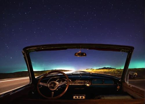 night highway,willys-overland jeepster,sunbeam tiger,dashboard,triumph spitfire,sunbeam alpine,drive-in,fiat 600,car dashboard,mg midget,ford galaxie,drive-in theater,pikes peak highway,windshield,starry sky,open road,ford starliner,mercury meteor,mercedes 190 sl,highway lights,Illustration,Paper based,Paper Based 14