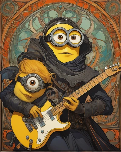 minions guitar,minion tim,dancing dave minion,minion,minions,minion hulk,guitar player,musician,art bard,musicians,guitor,monkeys band,despicable me,cavaquinho,bard,john lennon,guitarist,orchesta,classical guitar,jazz guitarist,Illustration,Retro,Retro 03