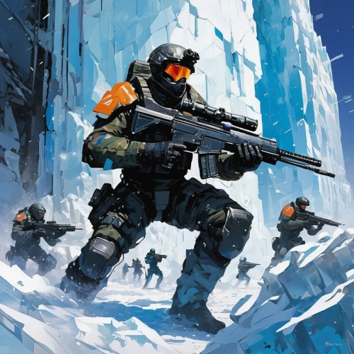 patrols,ice bears,patrol,ice wall,storm troops,game illustration,arctic,cg artwork,sledge,halo,mercenary,ice castle,ice,vigilant,iceman,sci fiction illustration,frost,cold weapon,polar,infiltrator,Conceptual Art,Oil color,Oil Color 07