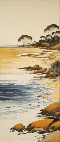 beach landscape,coastal landscape,landscape with sea,edward lear,sea landscape,la perouse,matruschka,olle gill,golden sands,seascape,estuarine,brook landscape,carbis bay,graeme strom,river landscape,pebble beach,rocky coast,estuary,khokhloma painting,carol colman,Illustration,Retro,Retro 21