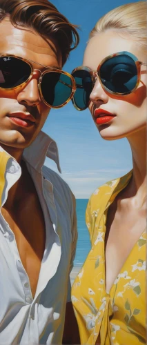 aviator sunglass,oil painting on canvas,sunglasses,sun glasses,vintage man and woman,oil painting,painting technique,oil on canvas,art painting,sunglass,two people,tints and shades,shades,photo painting,eyewear,cool pop art,italian painter,young couple,pop art people,beach background,Conceptual Art,Daily,Daily 14
