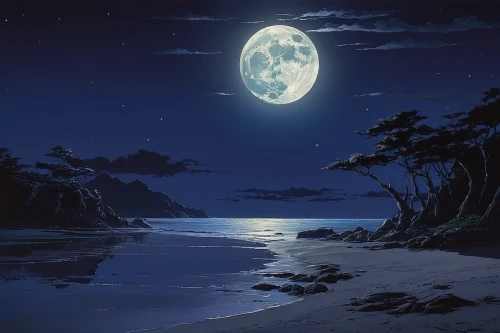 moonlit night,moonlight,moonlit,lunar landscape,blue moon,moon night,moon and star background,moonscape,moon at night,sea night,moonrise,moon,the moon,full moon,big moon,moon phase,studio ghibli,beach moonflower,hanging moon,clear night,Illustration,Japanese style,Japanese Style 12