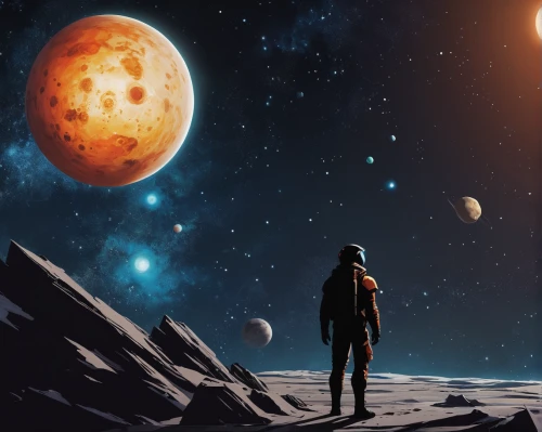 sci fiction illustration,space art,binary system,mission to mars,red planet,inner planets,astronomer,astronomical,planets,exoplanet,exploration,violinist violinist of the moon,planetary system,planet mars,galilean moons,celestial bodies,astronomy,cg artwork,astronomers,lost in space,Illustration,American Style,American Style 11