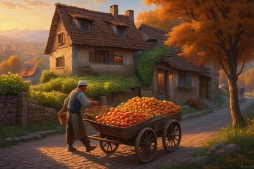 cart of apples,autumn chores,apple harvest,harvest festival,grape harvest,village life,one autumn afternoon,rural landscape,autumn landscape,farm landscape,fall harvest,fruit market,village shop,autumn idyll,fall landscape,autumn morning,girl picking apples,autumn scenery,glean,picking apple,Illustration,Realistic Fantasy,Realistic Fantasy 27