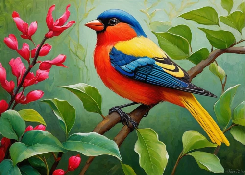 bird painting,tropical bird climber,colorful birds,tropical bird,tanager,rosella,tropical birds,nature bird,flower and bird illustration,spring bird,exotic bird,an ornamental bird,trogon,king parrot,painted bunting,ornamental bird,passerine parrots,crimson rosella,javan trogon,bird illustration,Art,Classical Oil Painting,Classical Oil Painting 11