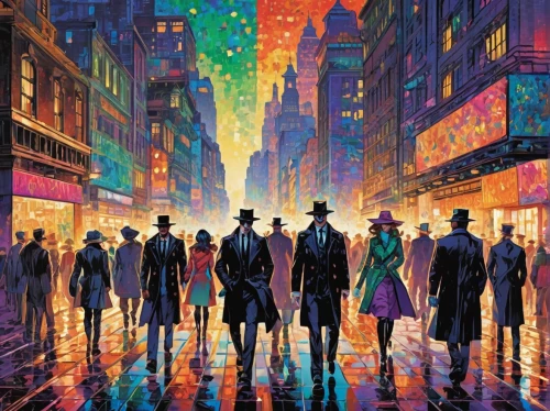 rainbow jazz silhouettes,hannukah,colorful city,mitzvah,broadway,straw hats,pedestrian,manhattan,musical background,pedestrians,pilgrim,sci fiction illustration,pilgrims,cityscape,metropolis,wall street,ann margarett-hollywood,cyberpunk,dystopian,fedora,Conceptual Art,Daily,Daily 31