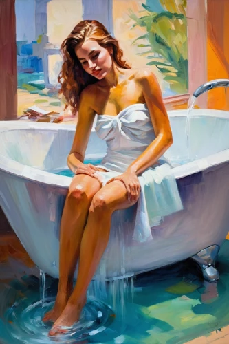 the girl in the bathtub,bathing,oil painting,oil painting on canvas,bathtub,acqua pazza,bath oil,bath,girl with cereal bowl,relaxed young girl,woman sitting,tub,woman at the well,water bath,majorelle blue,girl on the boat,girl sitting,water nymph,jacuzzi,bathe,Conceptual Art,Oil color,Oil Color 22