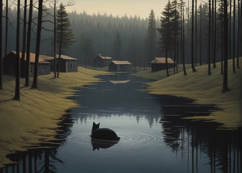floating huts,evening lake,house with lake,a small lake,backwater,small cabin,mountainlake,house in the forest,the cabin in the mountains,alpine lake,log home,mountain lake,boathouse,lake,salt meadow landscape,lakeside,cottage,secluded,river pines,home landscape,Art,Artistic Painting,Artistic Painting 48
