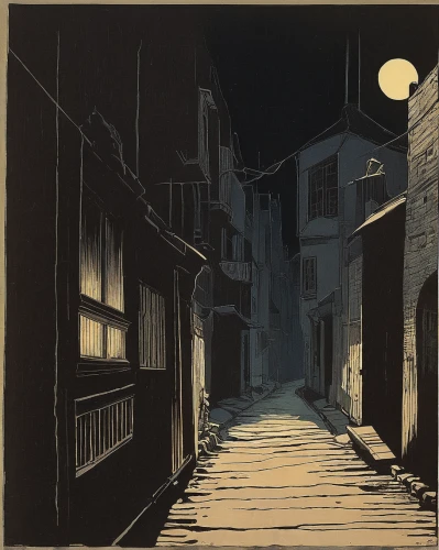 cool woodblock images,night scene,old linden alley,alleyway,alley,narrow street,blind alley,nocturnes,the cobbled streets,streetlight,alley cat,woodblock prints,street light,townscape,arles,street lamps,street lights,street scene,olle gill,braque saint-germain,Illustration,Retro,Retro 07