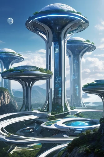 futuristic landscape,mushroom landscape,sky space concept,alien world,futuristic architecture,terraforming,mushroom island,fantasy landscape,alien planet,floating islands,futuristic art museum,scifi,fantasy city,space port,utopian,futuristic,artificial island,concept art,artificial islands,solar cell base,Conceptual Art,Sci-Fi,Sci-Fi 10