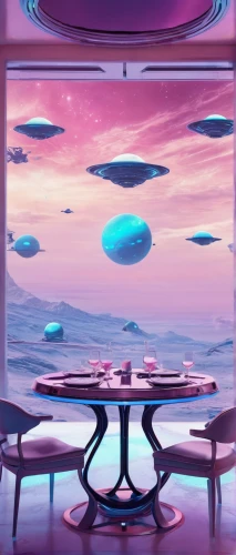 ufo interior,diner,futuristic landscape,retro diner,saucer,ufo,ufos,sky space concept,dining,a restaurant,alien world,cosmos field,tables,cosmos,alien planet,breakfast table,fine dining restaurant,beach restaurant,drive in restaurant,scifi,Conceptual Art,Sci-Fi,Sci-Fi 04