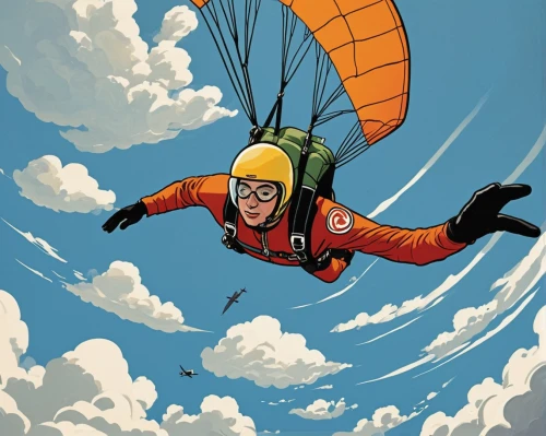 parachutist,parachute jumper,skydiver,skydive,paraglider,skydiving,tandem skydiving,paragliding-paraglider,harness-paraglider,parachuting,paraglider lou,paragliding,paraglider flyer,paraglider takes to the skies,mountain paraglider,figure of paragliding,paratrooper,paraglide,paragliding jody,bi-place paraglider,Illustration,American Style,American Style 09