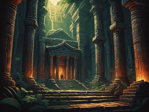 ancient city,ancient,hall of the fallen,pillars,the ancient world,ancient buildings,cg artwork,world digital painting,artemis temple,ancient house,ruins,mausoleum ruins,dungeon,egyptian temple,the mystical path,game illustration,excavation,digital painting,fantasy landscape,scroll wallpaper,Illustration,Realistic Fantasy,Realistic Fantasy 25