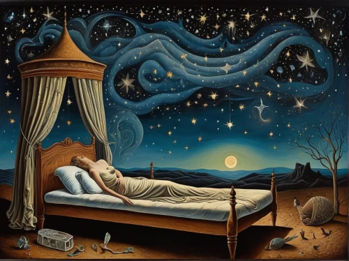 david bates,insomnia,the sleeping rose,woman on bed,night scene,sleeping room,four-poster,dreamland,sleepwalker,herfstanemoon,bed in the cornfield,sleep,the night of kupala,dreaming,the cradle,dreams catcher,moon phase,idyll,astronomer,stargazing,Illustration,Realistic Fantasy,Realistic Fantasy 40